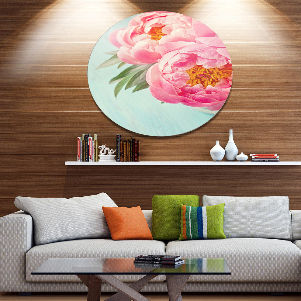 Peony Flowers On Blue Background, Floral Large Disc Metal Wall Art, 36"