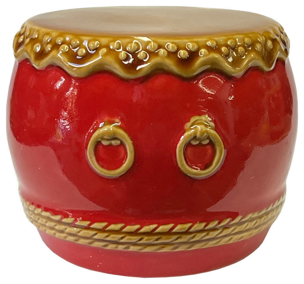 Chinese Red Ceramic Small Traditional Drum Shape Display Hws3071
