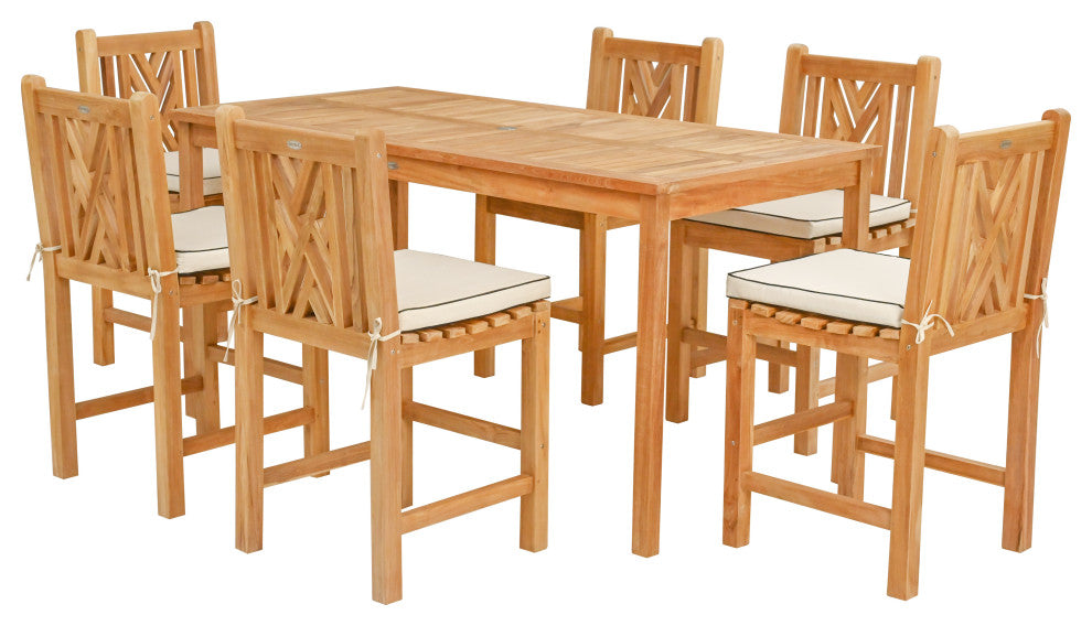 7 Piece Teak Chippendale 71" Rect Counter Set, 6 Armless Counter Stools