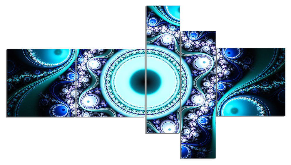 Turquoise Fractal Pattern with Circles, Abstract Canvas Print, 60"x32", 5 panels