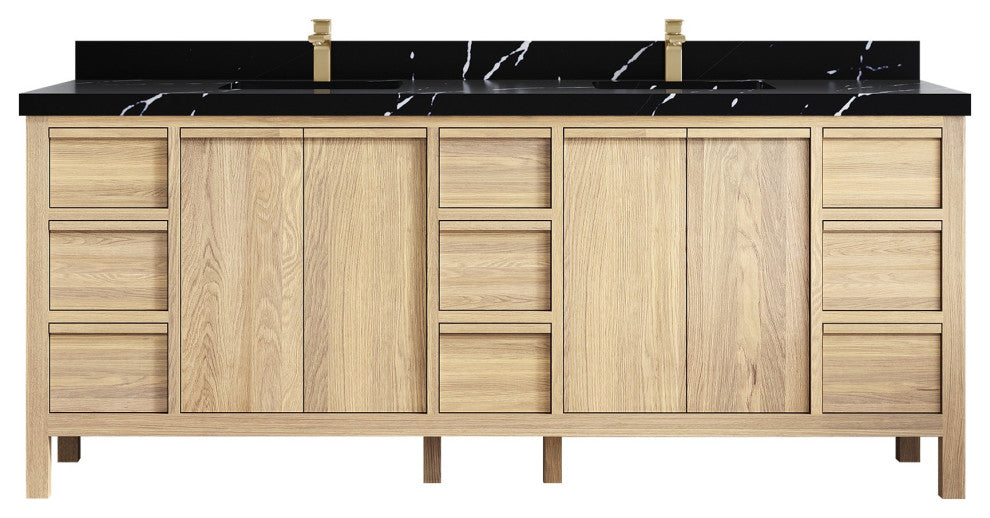 Elizabeth Oak 84" Double Sink Vanity, White 2" Calacatta Black