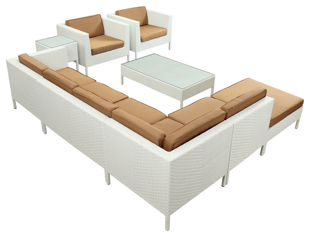 Modern Urban Outdoor Patio Rattan and Wicker 9 Pieces Sectional Set, White Mocha