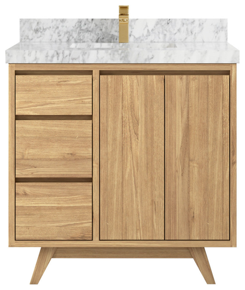 Madison Teak 36 Center Sink Bath Vanity in Light Natural 2" Carrara Marble