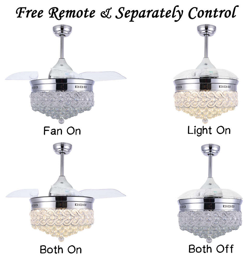 42" Modern Crystal Ceiling Fan with Lights and remote, Retractable Chandelier, Chrome, Neutral White (4000k)