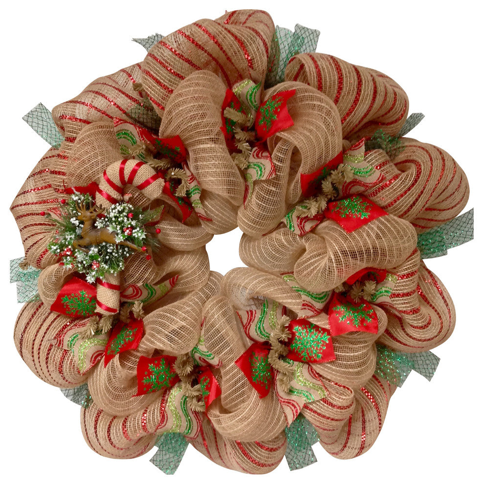 Burlap Candy Cane Deco Mesh Handmade Christmas Wreath