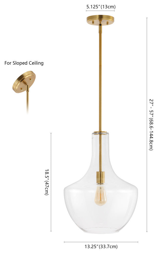 Watts 10.5" Glass, Metal LED Pendant, Brass Gold/Clear, Width: 13.25"