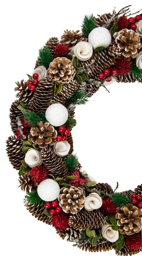 19" White Frosted Pine Cone Roses and Twigs Artificial Christmas Wreath, Unlit