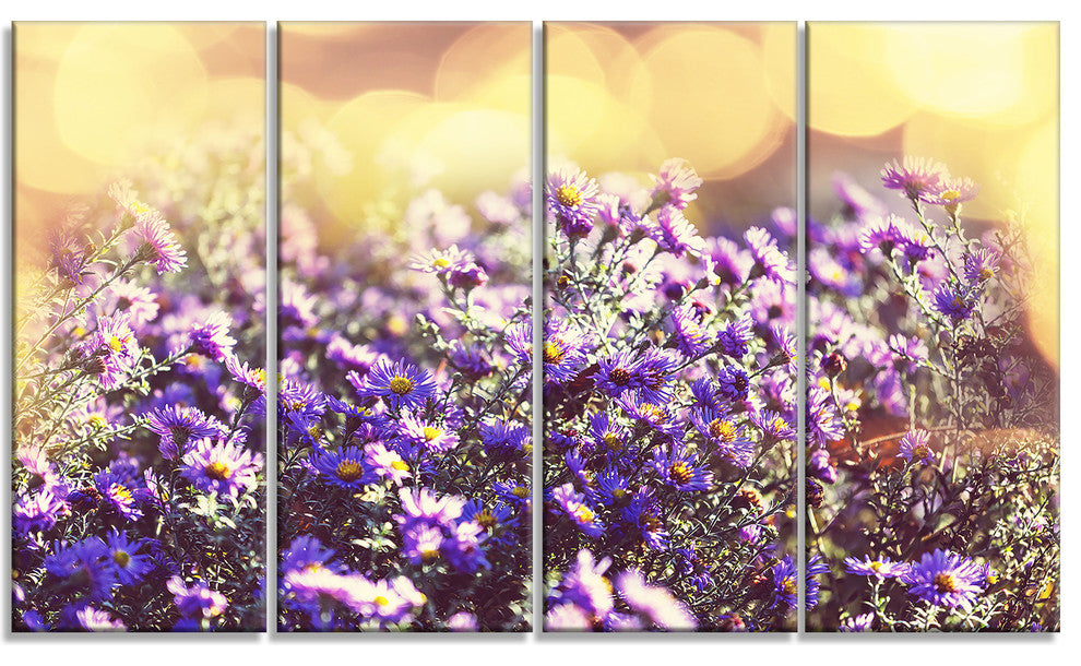 Purple Little Wild Flowers, Floral Canvas Art Print, 48"x28", 4 Panels