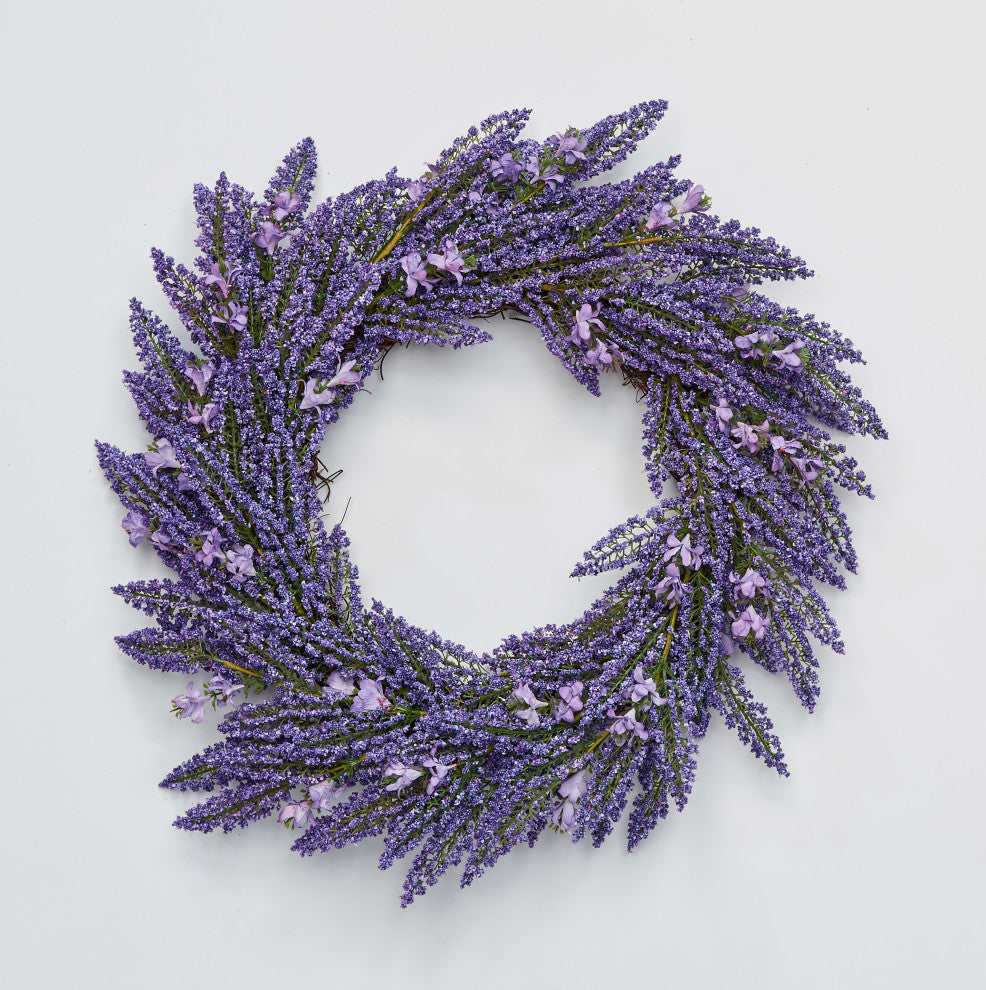 22" Heather Wreath With Purple Flowers On Natural Twig Base