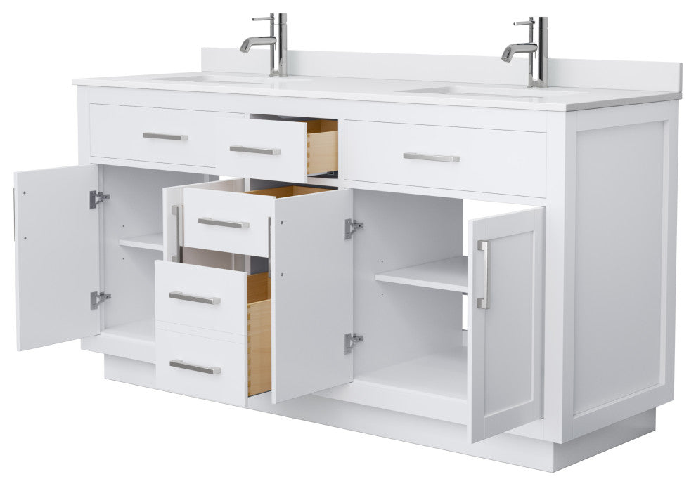 Beckett TK 66" Double Vanity,  Cultured Top, Nickel Trim