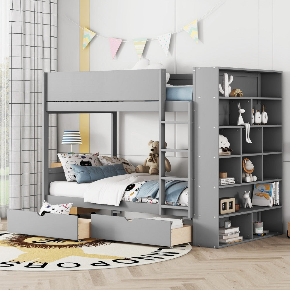 Gewnee Twin over Twin Bunk Bed With 2 Drawers and Multi-layer Cabinet
