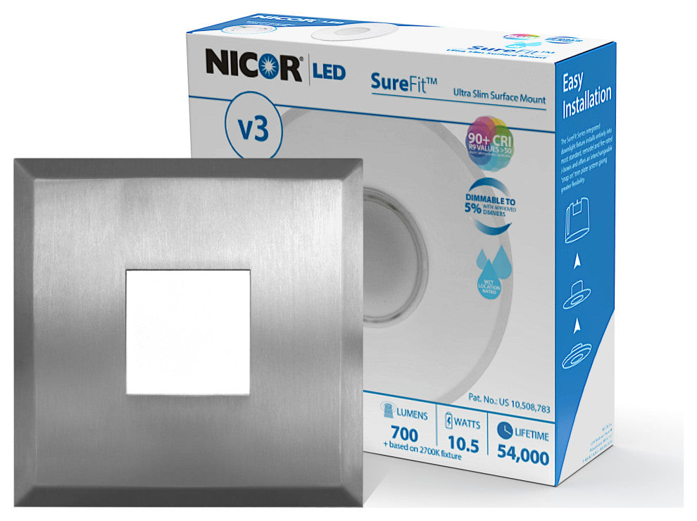 SureFit(v3) LED Flush Mount Ceiling Light, 4000K with Square Nickel Trim