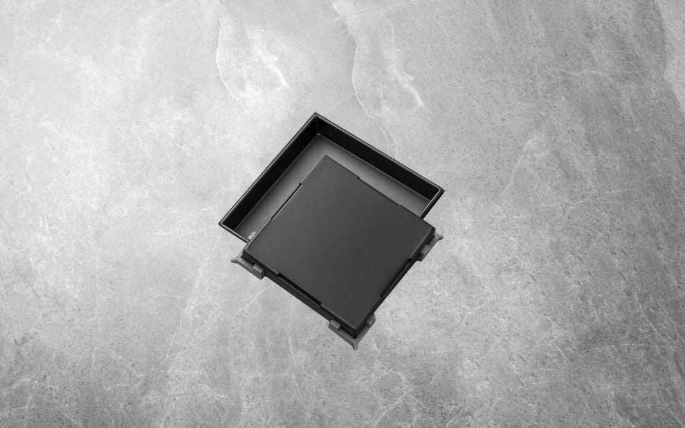 HEATGENE Square Shower Drain With Flat Cover With Base Flange, Matt Black, 6"