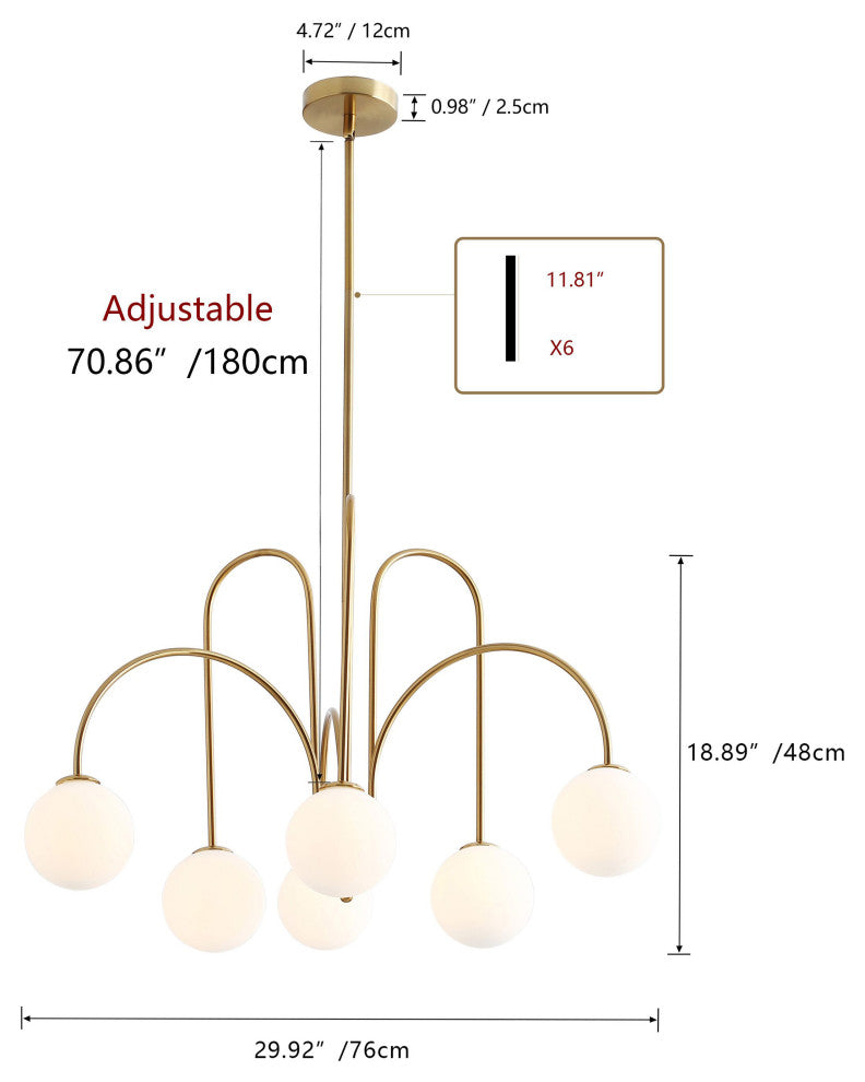 Modern Gold 6-Light White Ball Glass Style Pendant Light