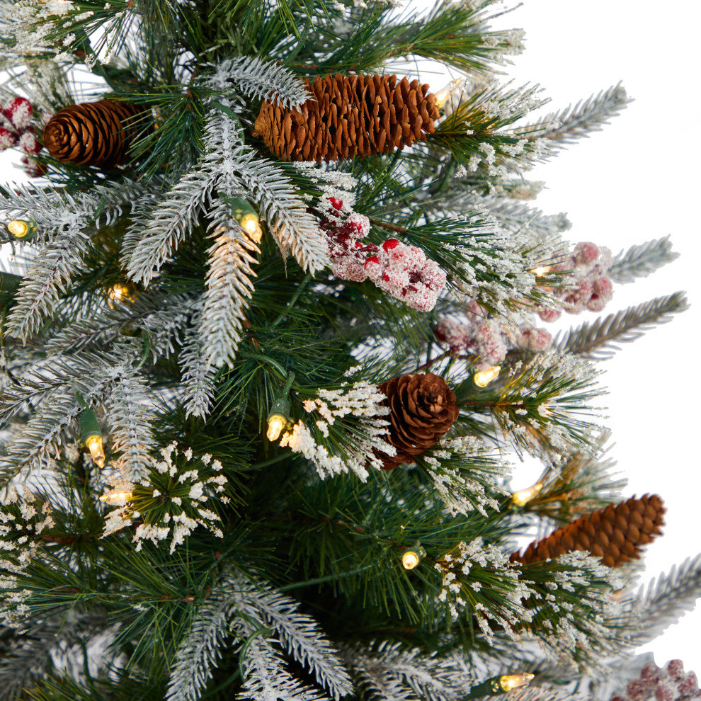 4' Frosted Faux Xmas Tree Pre-Lit With 105 lights & Berries, Decorative Planter