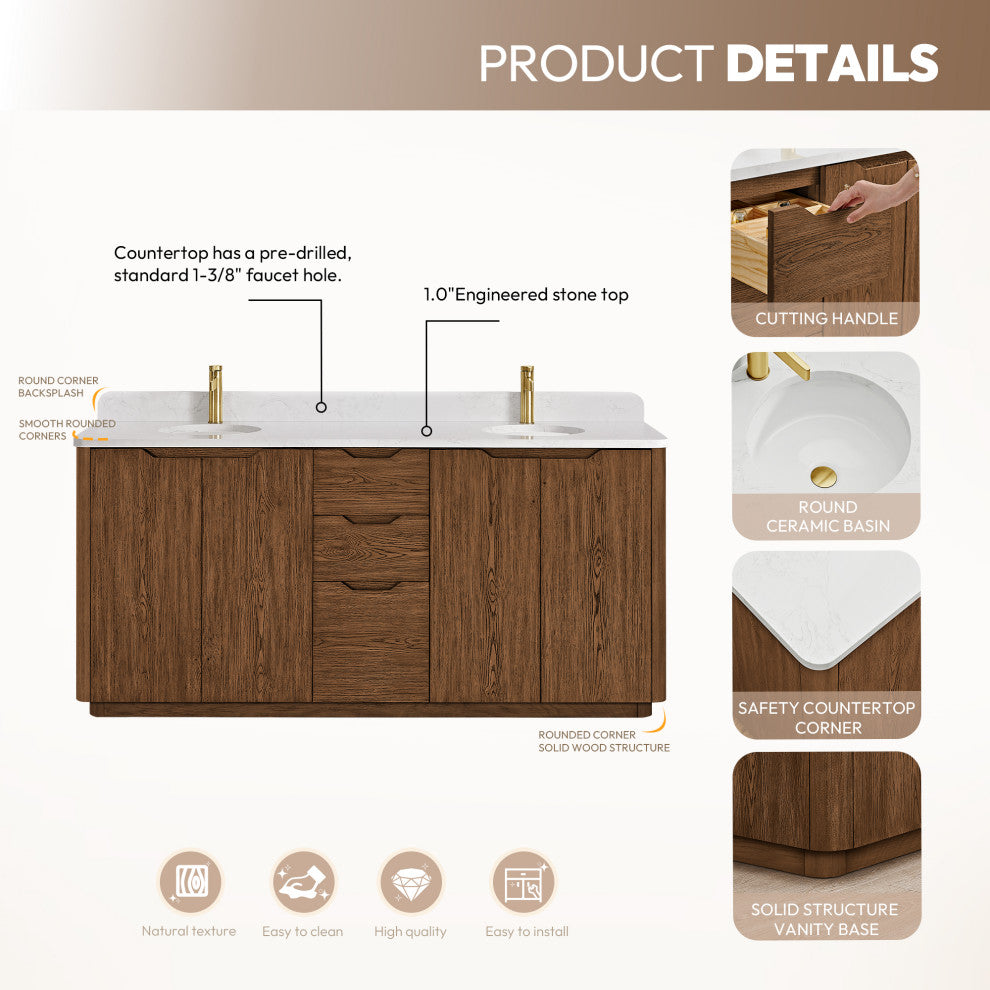 Abuja Bathroom Vanity, Stone Top, No Mirror, Oak Weathered Brown, 72", Double Vanity