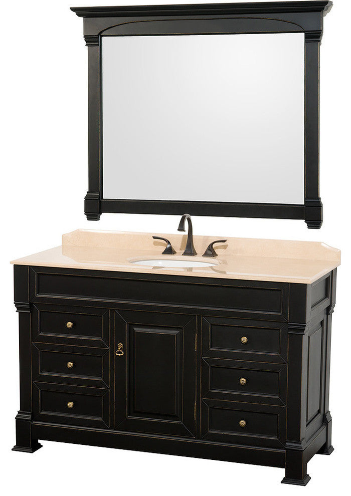 andover 55" Black Single Vanity, Ivory Marble Top, White Um Sink