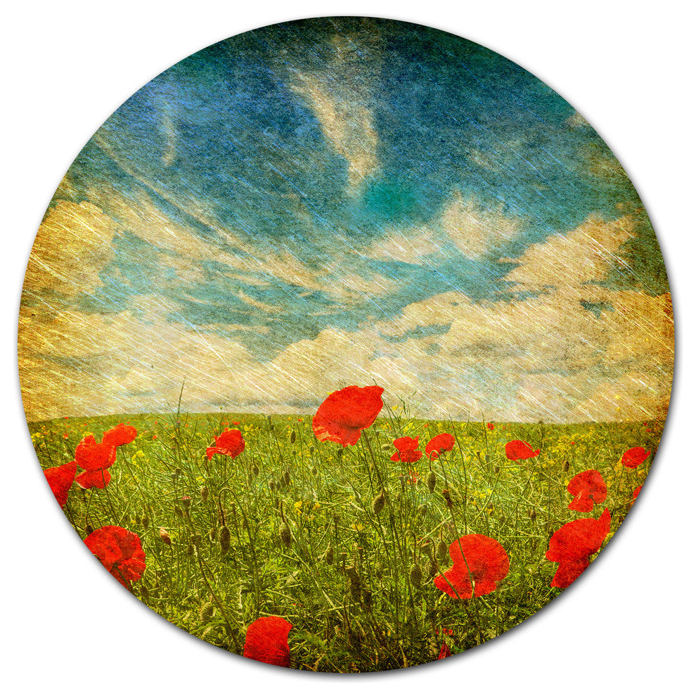Sky Background With Red Poppies, Modern Floral Round Wall Art, 11"