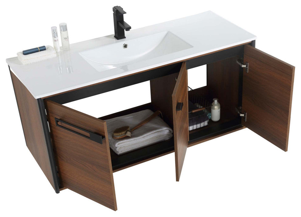 Oakville Wall Mount Bathroom Vanity, Walnut Ebony, 48", Black Hardware