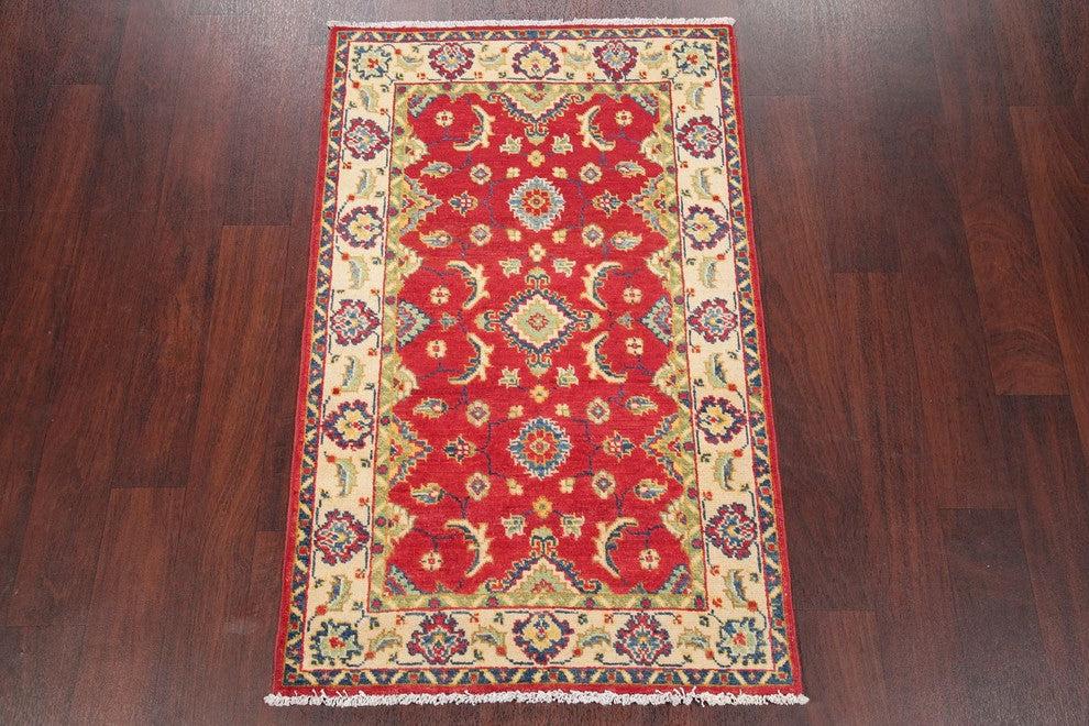 Hand-Knotted Oriental Pakistani Kazak Traditional Wool Area Rug, Red, 4'4"X2'8"