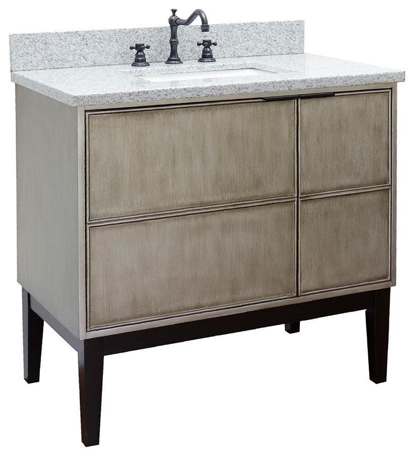 37" Single Vanity, Linen Brown Finish With Gray Granite Top And Rectangle Sink