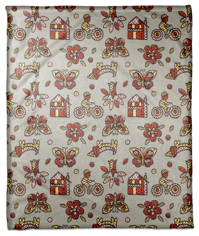 Kids Whimsical Folk Pattern in Red Fleece Blanket