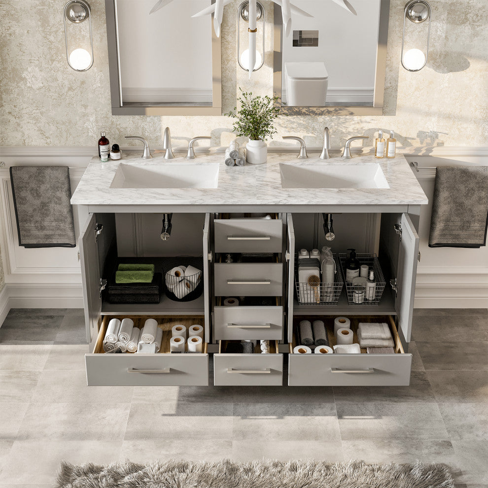 Eviva Aberdeen Gray Transitional Double Sink Vanity With White Carrara Top, 72"