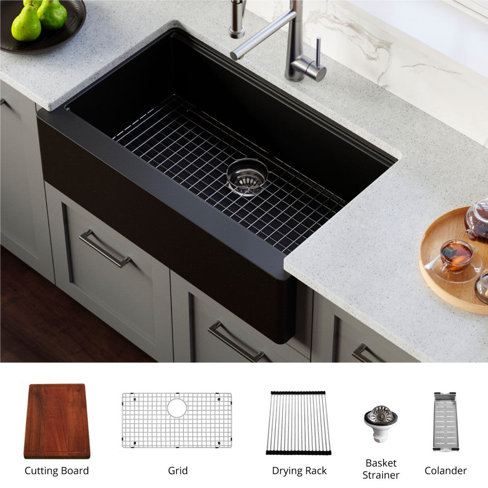 Karran 34" Quartz Farmhouse Single Bowl Workstation Kitchen Sink, Black