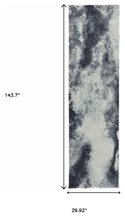 12' Runner Navy and Ivory Abstract Power Loom Runner Rug