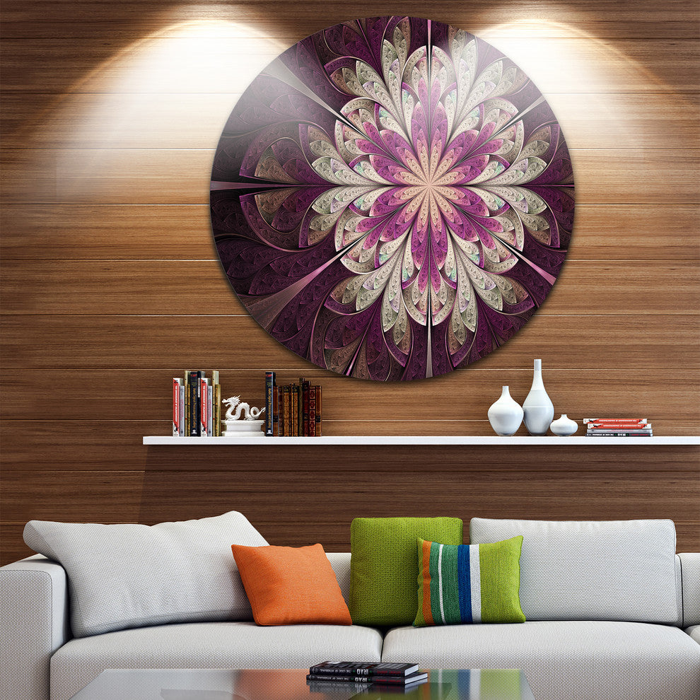 White Purple Rounded Fractal Flower, Floral Round Metal Wall Art, 11"