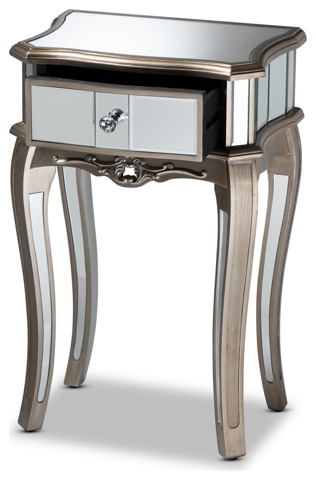 Elgin Brushed Silver Finished Wood and Mirrored Glass 1-Drawer Nightstand
