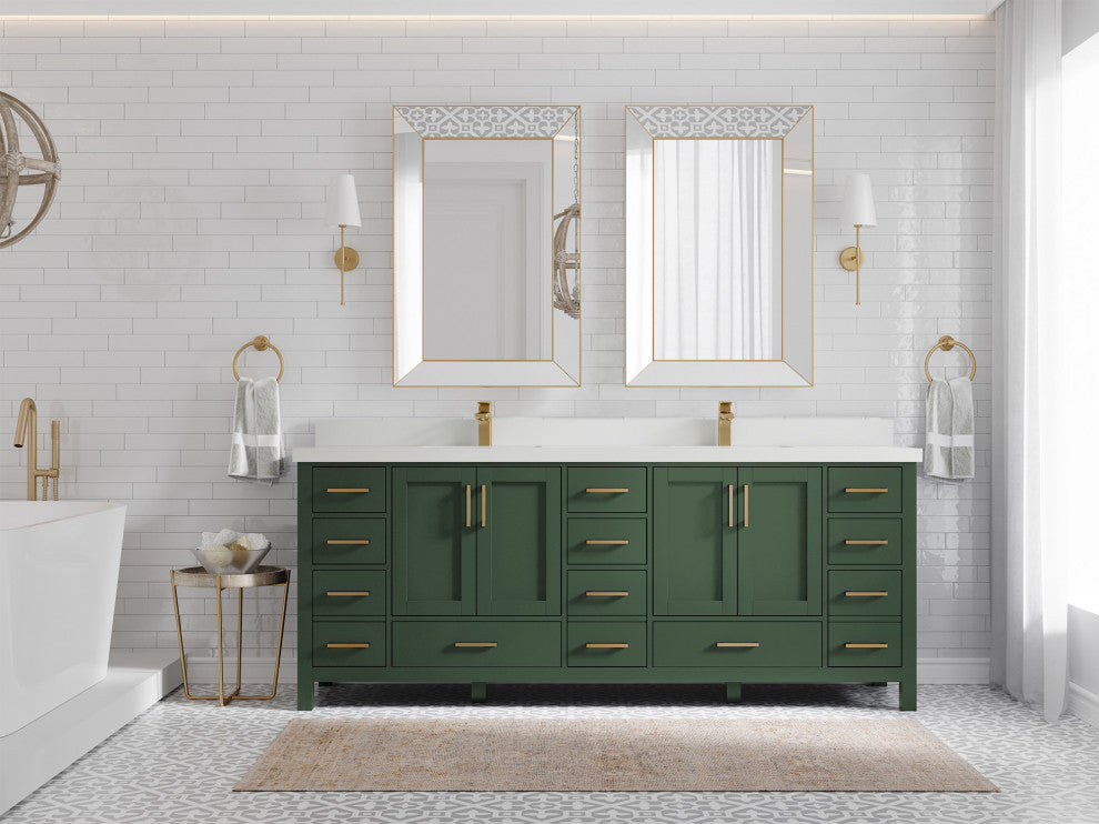Preston Bath Vanity, Green, 84", White Quartz Top, Double, Freestanding