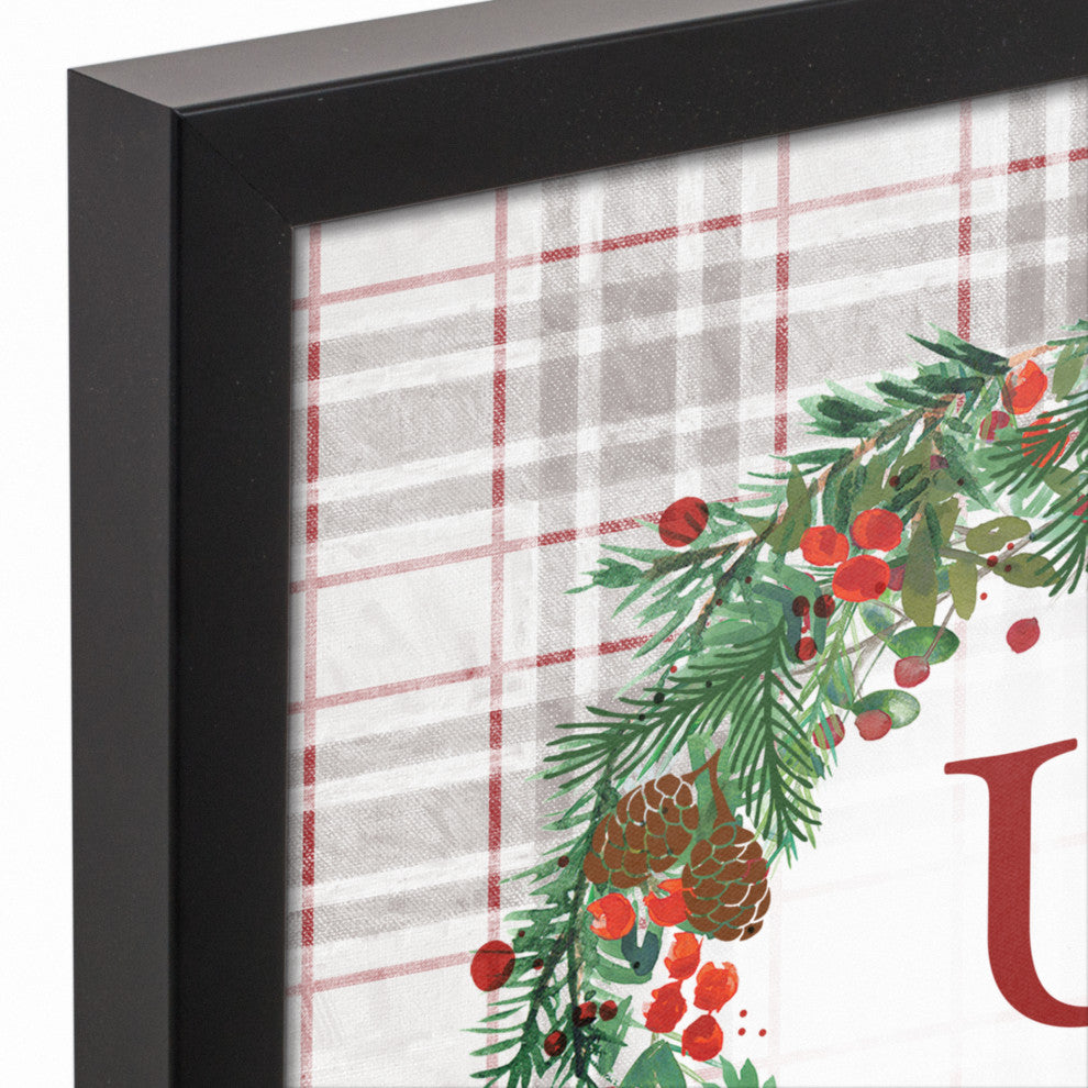 Holiday Gray Plaid Monogram Wreath U 12x12 Black Framed Canvas