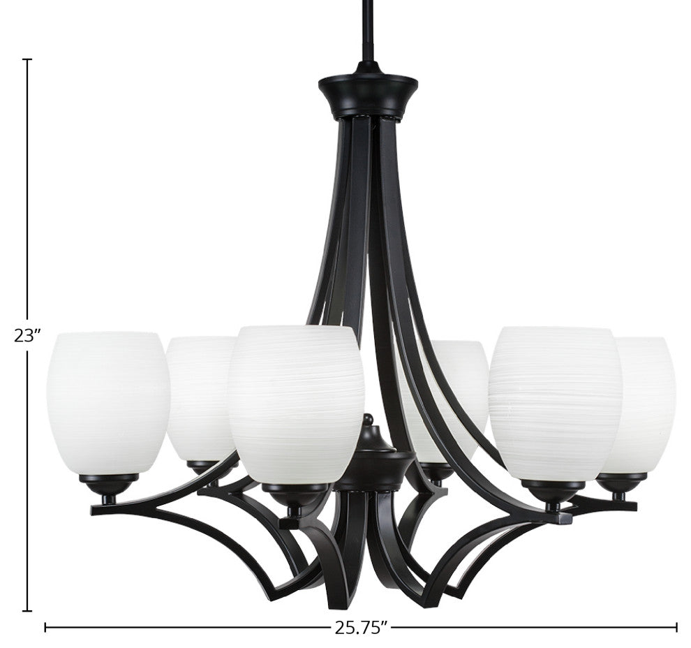 Zilo 6 Light Chandelier, Matte Black, 5" White Linen Glass