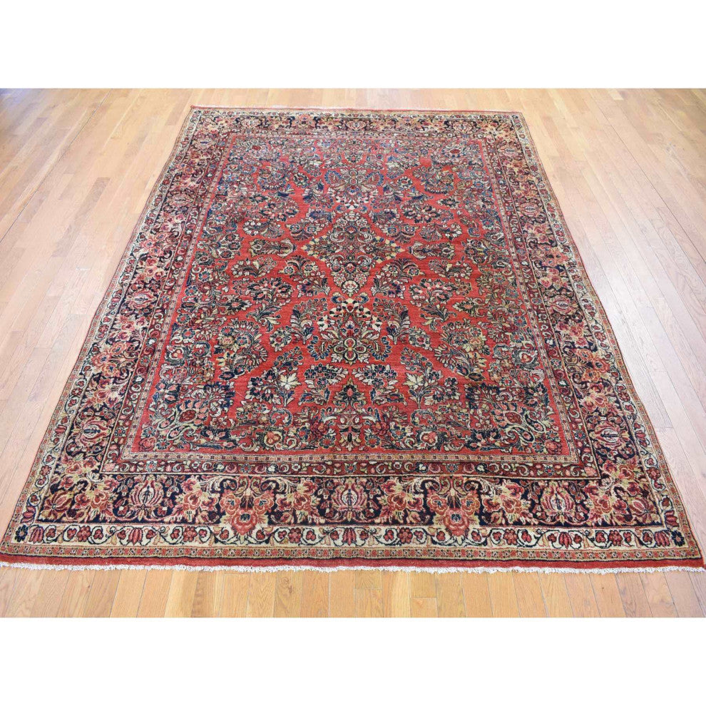 Tomato Red, Persian Sarouk Soft Wool Hand Knotted Oriental Rug, 7'10" x 9'10"