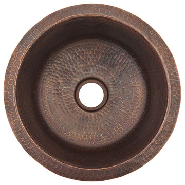 14" Round Hammered Copper Bar Sink, 2" Drain Opening, Drain & Accessories