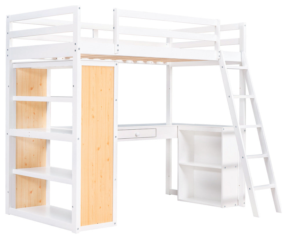 Gewnee Wood Twin Size Loft Bed with Ladder and Desk in White