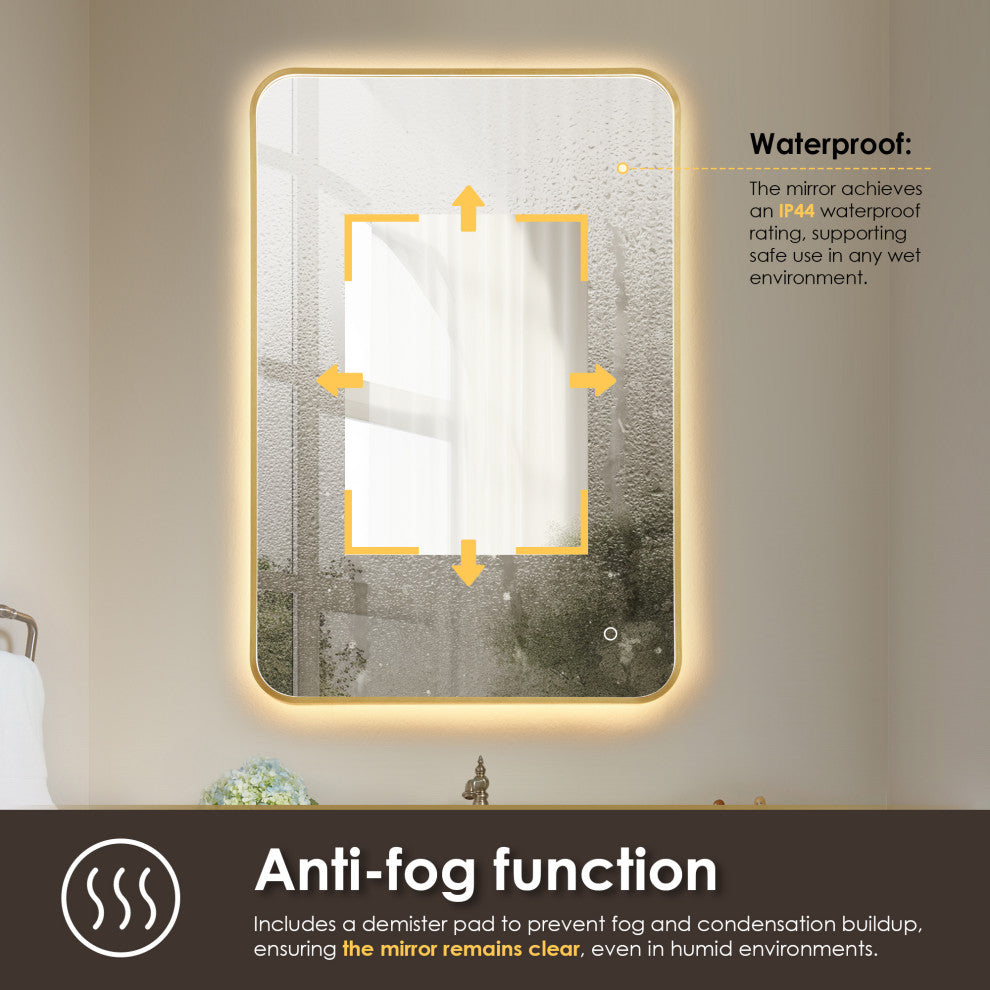 Dazzle Rectangular Bathroom/Vanity LED Lighted Wall Mirror, Brushed Gold, 24"