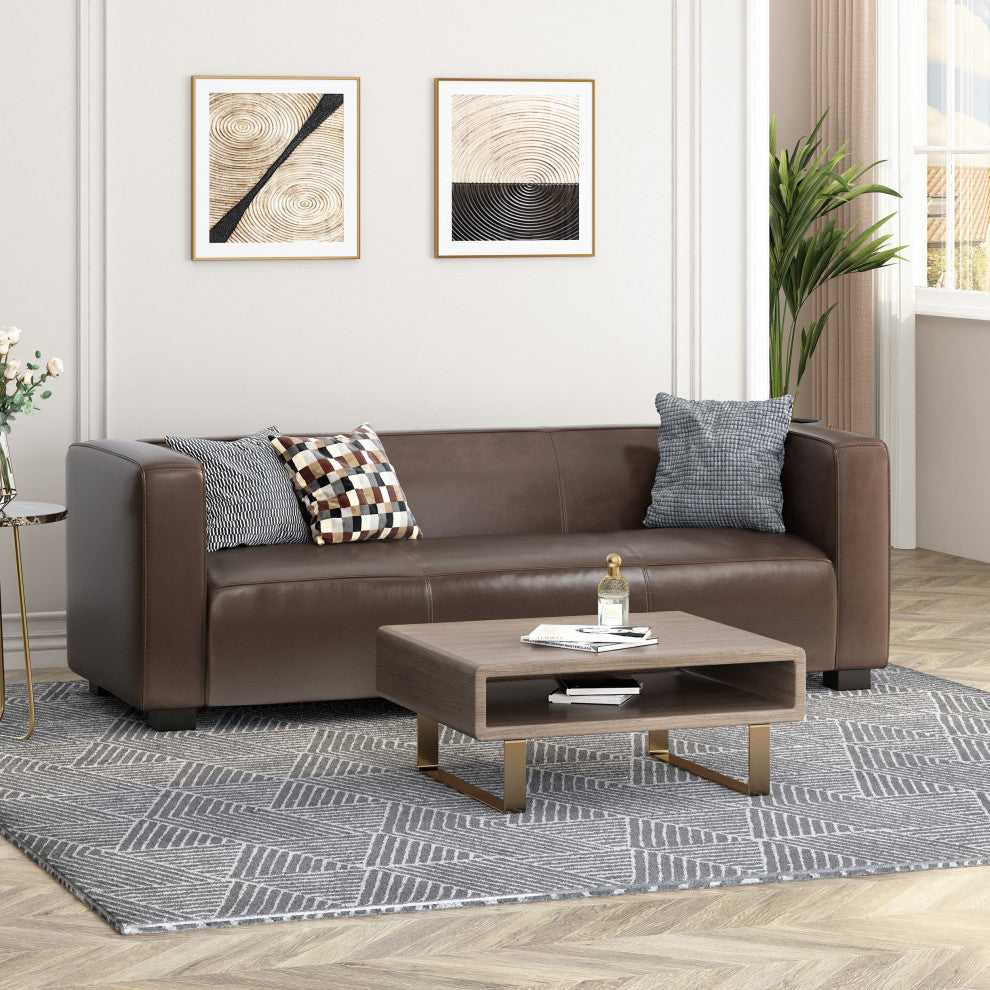 Minkler Contemporary Faux Leather 3 Seater Sofa, Dark Brown/Dark Walnut