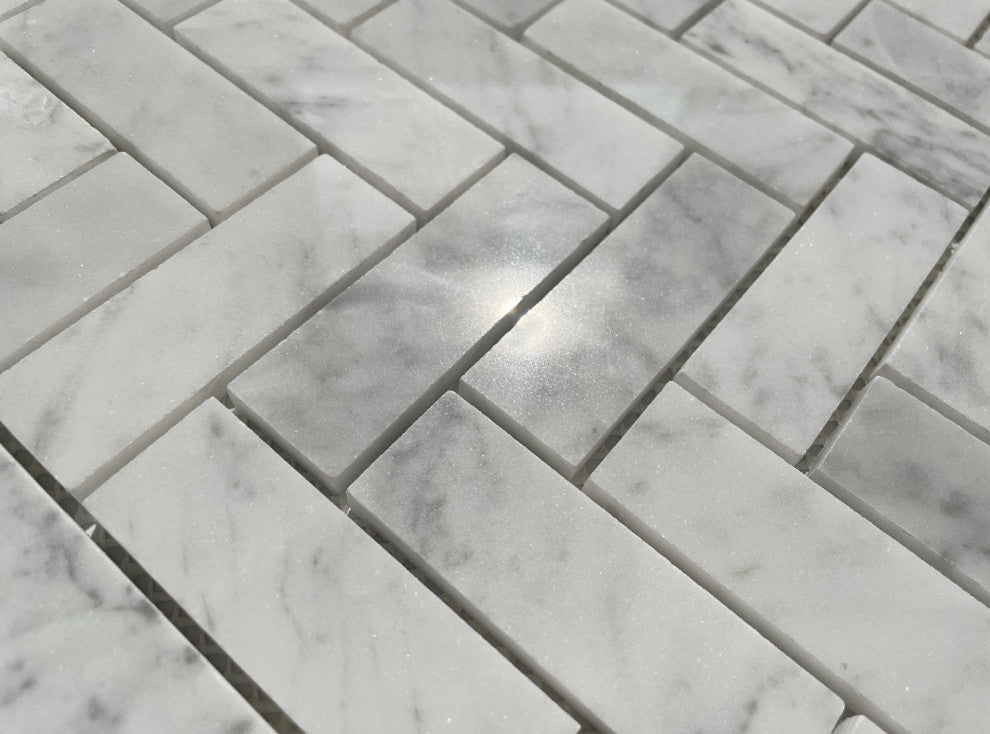 Herringbone Carrara Marble Tile Carrera Venato Mosaic Tile Polished, 1 sheet
