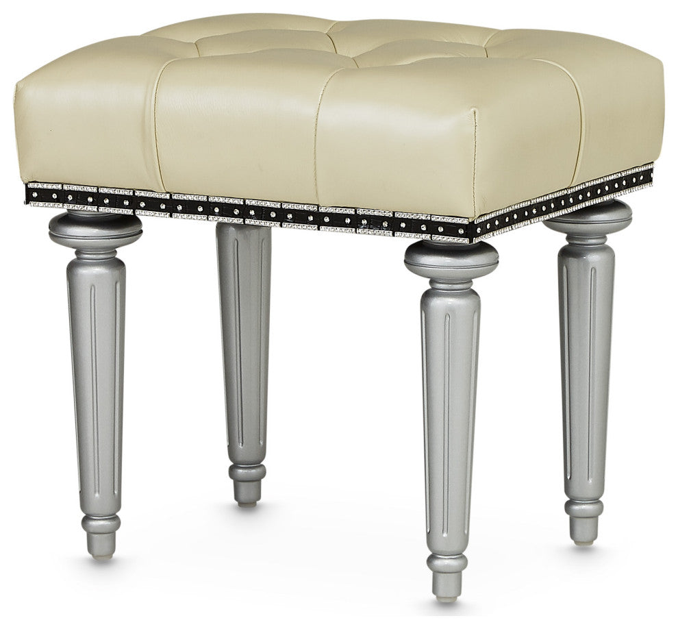 Hollywood Swank Tufted Leather Vanity Bench, Creamy Pearl