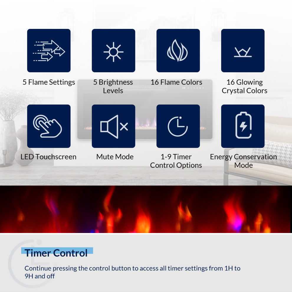 36" Electric Fireplace Heater, 1400 W Recessed & Wall Mounted/ Freestanding