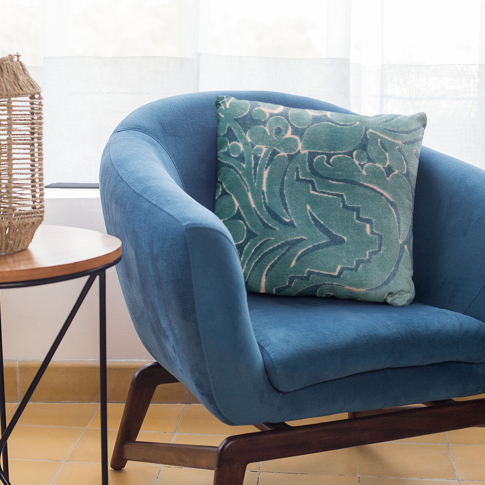 Plutus Blue Velvet Damask Luxury Throw Pillow, 16"x16"