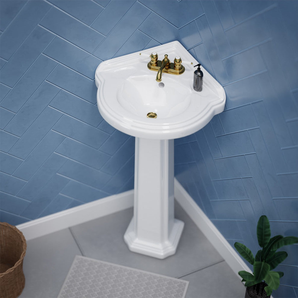 Corner Bathroom Pedestal Sink White 22" Small with Overflow and Faucet Holes