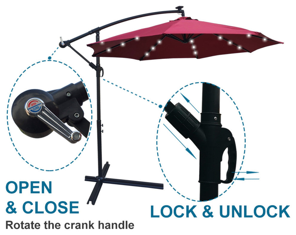 10' Steel Patio Umbrella Outdoor Market With Crank and LED Lights, Dark Red