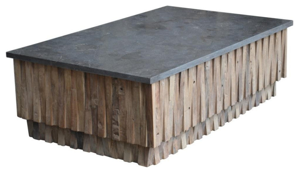 Rectangular Stone and Wood Coffee Table