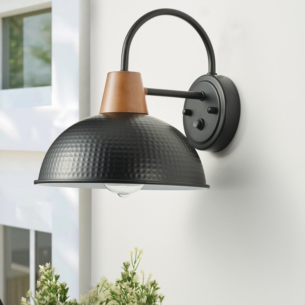 Industrial 1-Light Wood Grain Finish Accented Wall Sconce, Black