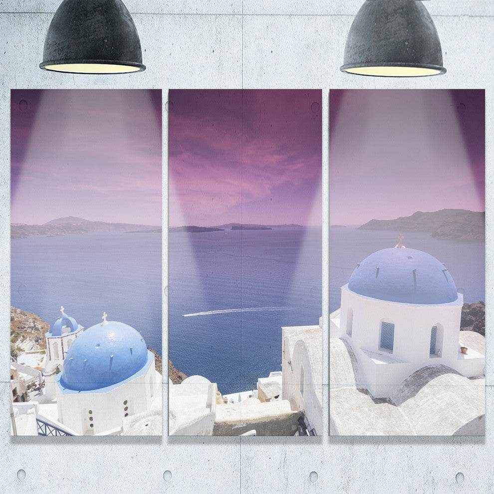 "Blue Domed Churches on Caldera" Metal Wall Art, 3 Panels, 36"x28"