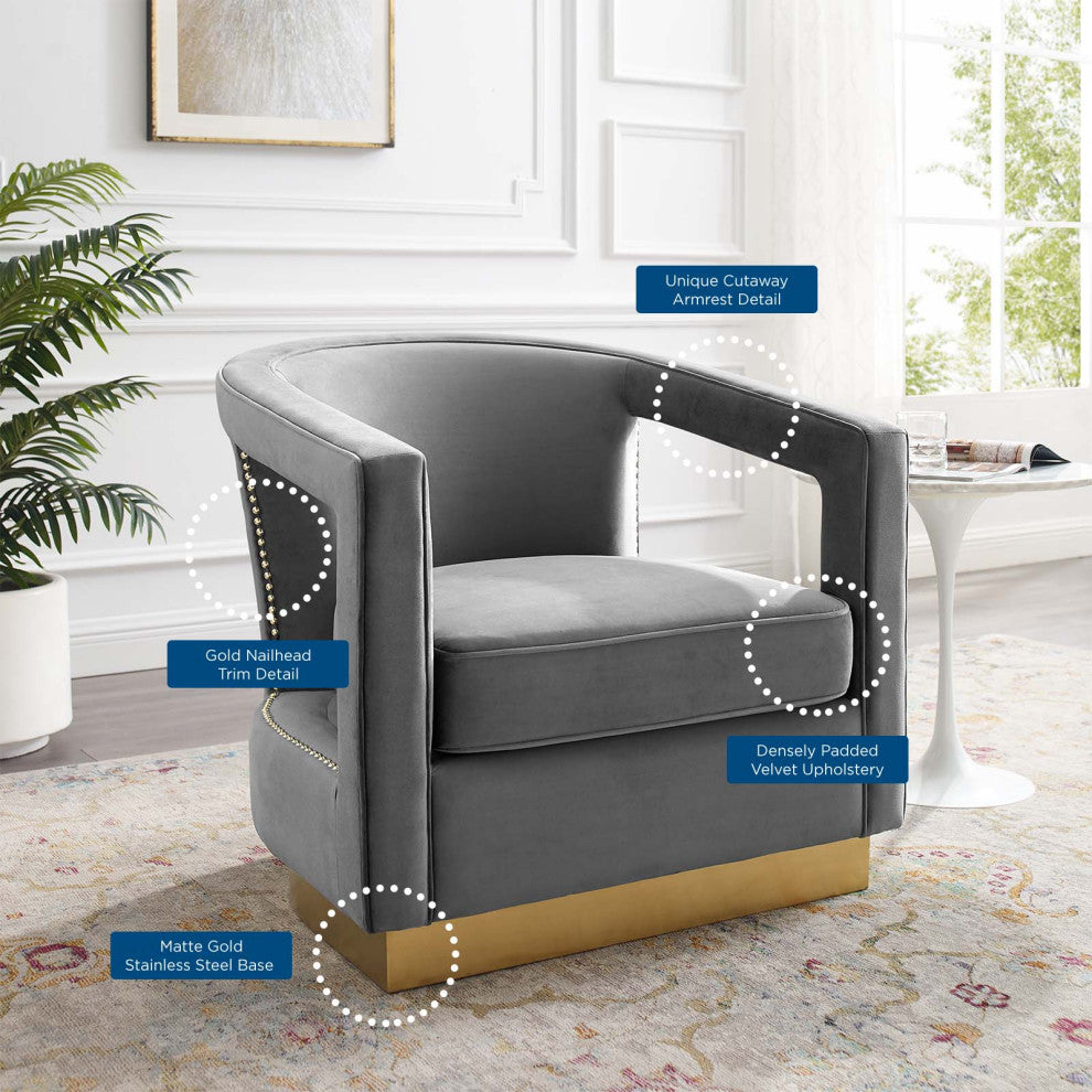 Armchair Accent Chair, Velvet, Gray, Modern, Living Lounge Hospitality