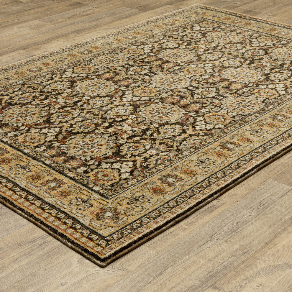 Adeline Bordered Traditional Brown/ Gold Area Rug 7'10" x 10'10"